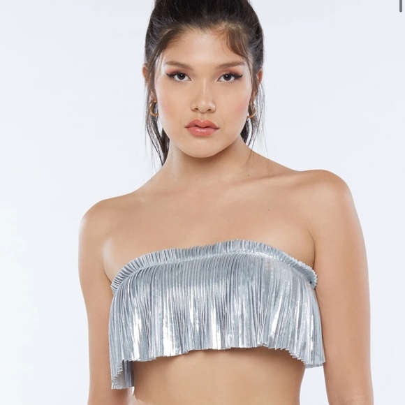 Savage X Fenty Other - New Savage x Fenty Pleated Lamé Bandeau Spaced Out Metallic Silver Bralette